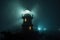 lighthouse on a foggy night, with mist swirling around the tower