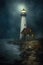 a lighthouse guiding through dark and foggy night