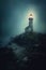 a lighthouse guiding through dark and foggy night