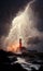 Lighthouse, huge wave, sea storm, stormy weather, digital art