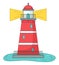 Lighthouse icon isolated at white, navigation building for ships, cartoon vector red lighthouse