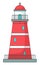 Lighthouse icon isolated at white, navigation building for ships, cartoon vector red lighthouse