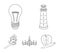 A lighthouse, an incandescent lamp, a chandelier with candles, a burning match.Light source set collection icons in