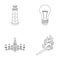 A lighthouse, an incandescent lamp, a chandelier with candles, a burning match.Light source set collection icons in