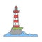 Lighthouse on island coast icon in line cartoon styles
