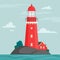 Lighthouse on island in flat style. Coastline landscape with beacon. Faros on seashore, lighthouse on the rock in stormy landscape