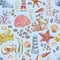 Lighthouse jellyfish starfish  corals shells seamless pattern beach watercolor