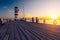 Lighthouse at Lake Neusiedl, Podersdorf am See, Burgenland, Austria. Lighthouse at sunset in Austria. Wooden pier with lighthouse