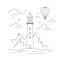 Lighthouse, landscape, balloon sky illustration.