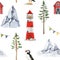 Lighthouse and landscape nature elements seamless pattern. Watercolor illustration. Hand drawn bright lighthouse