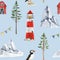 Lighthouse and landscape nature elements seamless pattern. Watercolor illustration. Hand drawn bright lighthouse, puffin