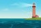 Lighthouse on on the little island cartoon landscape. Beacon in ocean for navigation vector illustration.