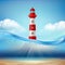Lighthouse. Marine or ocean background water wave and light beam lamp for safe ship navigation vector realistic sea