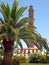 Lighthouse of Maspalomas with palm tree in front. Gran Canaria isle