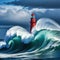 lighthouse in the middle of large wave in