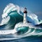 lighthouse in the middle of large wave in