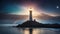 lighthouse at night A fantasy lighthouse in a starry night, with a comet, a moon,