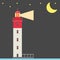 Lighthouse night vector background flat searchlight tower for maritime navigation guidance ocean beacon light safety