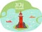 Lighthouse in oriental style surrounded by submarines and marine life of Jeju island in South Korea