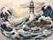 Lighthouse Painting Amidst Towering Wave in Dramatic Seascape Landscape. Generative AI.