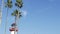 Lighthouse, palm trees and blue sky. Red and white beacon. Waterfront harbor village. California USA