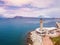 Lighthouse in Patras. Aerial drone photo of famous town and port of Patras, Peloponnese, Greece
