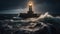 a lighthouse on a rock in the middle of a body of water with a light on it\\\'s side and a storm coming in the background