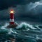 Lighthouse on the rocks by the raging waves. Lighthouse on sea rock. Sea rock lighthouse. Coastal lighthouse landscape