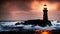 Lighthouse on the rocky coast of the Atlantic ocean at sunset.