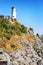 Lighthouse on the rocky shore. Clear sunny day. Vertical. Beautiful landscape