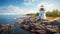 A lighthouse on the rocky shoreline of a lake with stormy skies AI Generated