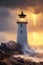 Lighthouse and rough sea around, storm with high sea waves. Generative Ai