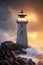 Lighthouse and rough sea around, storm with high sea waves. Generative Ai