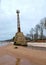 Lighthouse ruins. Wild sandy beach on the Baltic coast in December. Vidzeme rocky seashore