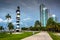 Lighthouse sculpture and walkway at South Pointe Park, Miami Beach, Florida.