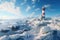 A lighthouse by sea covered by heavy snow and ice. Winter seasonal concept.