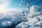 A lighthouse by sea covered by heavy snow and ice. Winter seasonal concept.