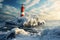 A lighthouse by sea covered by heavy snow and ice. Winter seasonal concept.