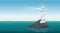 Lighthouse in sea landscape, harbor at dawn or sunset, seaside beacon with searchlight
