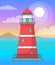 Lighthouse in sea or ocean, navigation building for ships, cartoon red lighthouse, beacon s tower