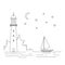 Lighthouse, sea, sailboat, moonlight night illustration.