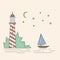 Lighthouse, sea, sailboat, moonlight nightvector illustration.