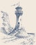 Lighthouse on sea shore hand drawing