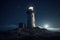 Lighthouse in sea at starry night. Navigation for ships. Generative AI