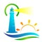 Lighthouse sea wave water sun logo illustrations vector icon clip art