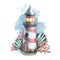Lighthouse with seashells and corals on the background of watercolor washes. Watercolor illustration. A composition from