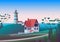 Lighthouse on Shore with morning Sea on background - Flat Vector Illustration