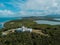 Lighthouse from the sky with Caribbean sea and a lake