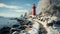 A lighthouse on a snowy hill. Generative AI.