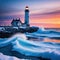 lighthouse on snowy shore with sunset in